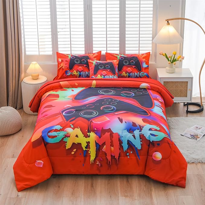 Aimuan Gamer Gaming Bedding Sets 3D Gamepad Comforter Sets for Boys Games Console Action Buttons Novelty Colorful Game Controller Modern Room Decor Home Quilt Set (Red, Full 6PCS)