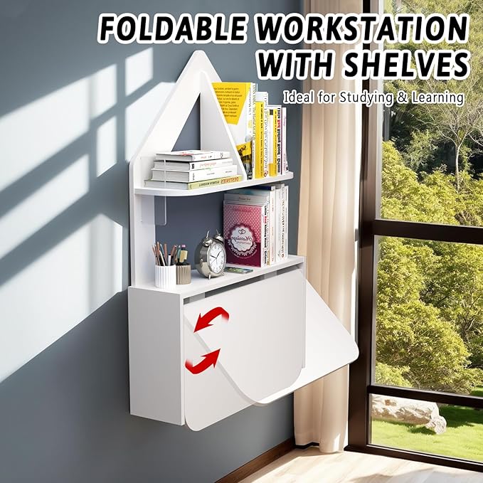 Wall Mounted Drop-Leaf Table, Floating Laptop Desk, Folding Table with Shelves, Multifunctional Computer Workstation Storage Compartments in Home Office for Space Saving (White)