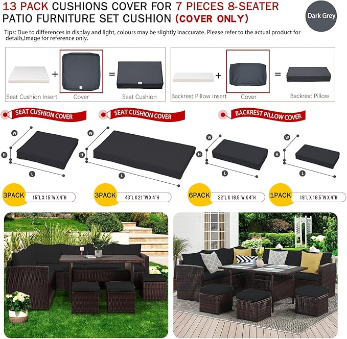 ClawsCover 13Pack Outdoor Seat and Back Cushions Replacement Covers Fit for 7Pieces Wicker Rattan Patio Furniture Set Sectional Couch with Dining Table and Ottoman,Dark Gray-Include Cover Only