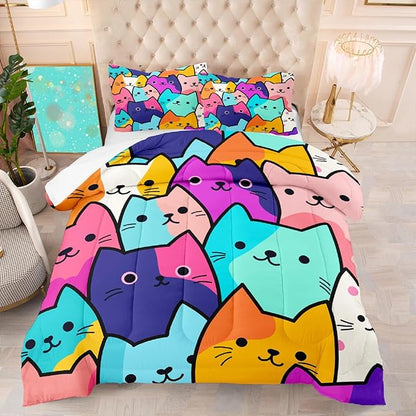 Cat Comforter Set Queen - Queen Size Colorful Cat Comforter Set for Kids Cute Cat Themed Bedding Queen Cartoon Cat Bedding for Girls, 1 Comforter+2 Pillowcases