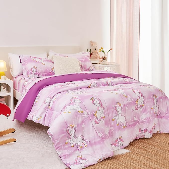 Unicorn Kids Comforter Set for Girls Full Size, Cute Reversible Quilted Lavender Printed Bedding Set with Pillow Sham, Lightweight Soft Breathable Machine Washable Bed Set 3 Piece