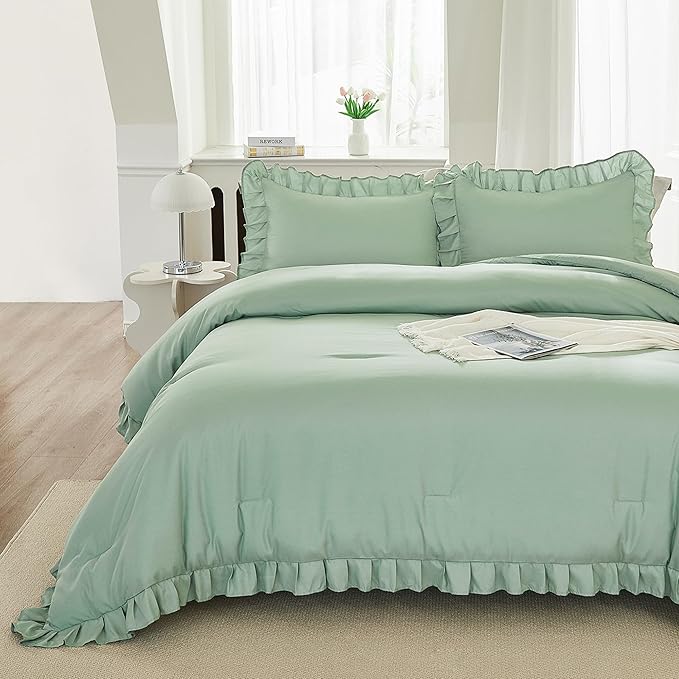 Andency Sage Green Comforter Set Full, 3 Pieces Lightweight Soft Ruffle Bed Comforter, Farmhouse Rustic Fluffy Microfiber Down Alternative Bedding Set (79x90Inch Comforter)