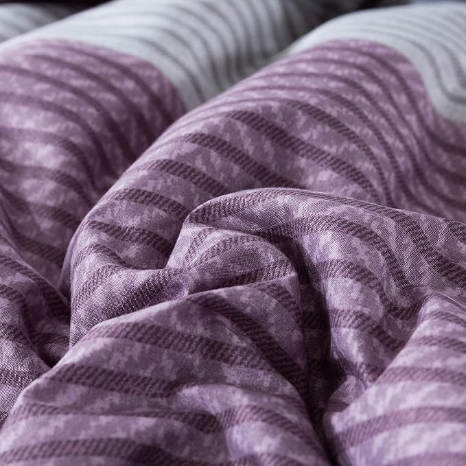 Andency Stripe Comforter Set Full Size (79x90 Inch), 3 Pieces Purple and Gray Patchwork Striped Comforter, Soft Microfiber Down Alternative Comforter Bedding Set with Corner Loops