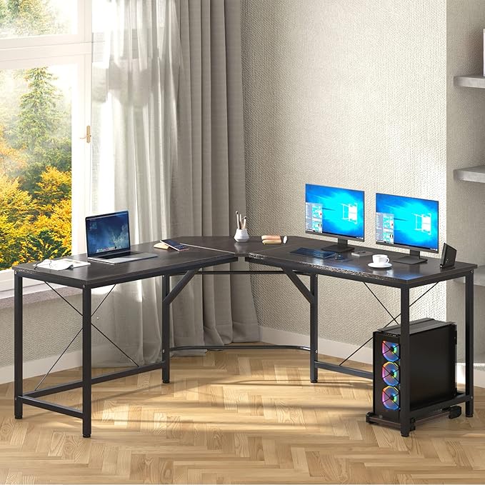 DlandHome L-Shaped Computer Desk 59 inches x 59 inches, Composite Wood and Metal, Home Office PC Laptop Study Workstation Corner Table with CPU Stand, Brown Black and Black Legs, ZJ02-BB