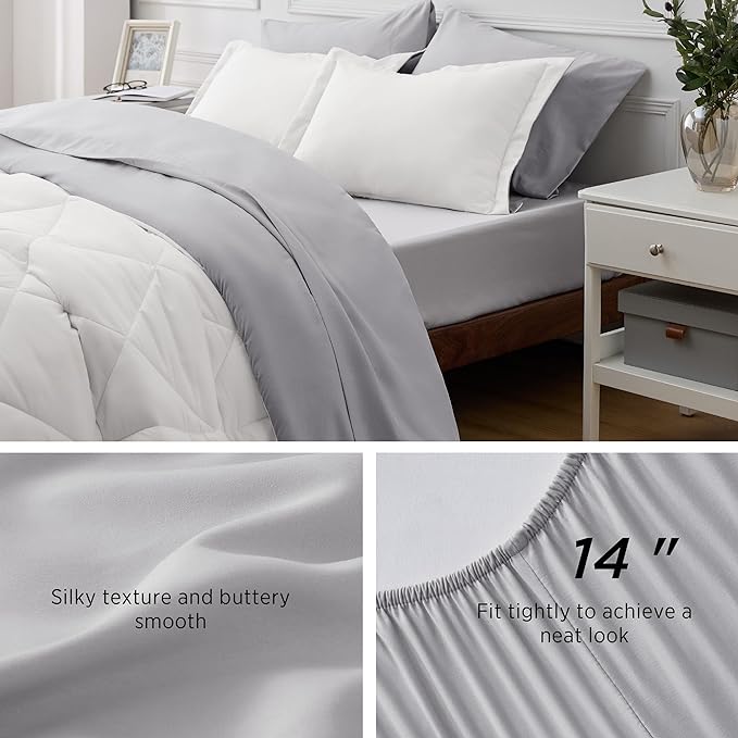 Bedsure Ivory Queen Comforter Set - 7 Pieces Reversible Queen Bed in a Bag, Queen Bed Set Ivory and Grey with Comforters, Sheets, Pillowcases & Shams