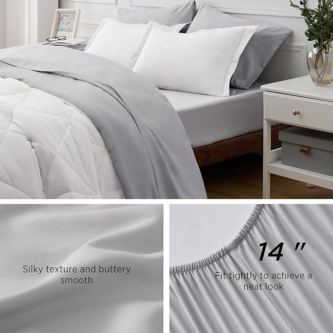 Bedsure Ivory Full Size Comforter Set - 7 Pieces Reversible Full Bed in a Bag, Full Bed Set Ivory and Grey with Comforters, Sheets, Pillowcases & Shams