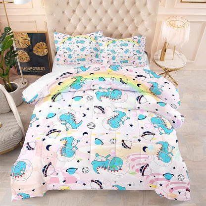 NINENINE Pink Dinosaur Bedding Set Colorful Rainbow Castle UFO Space Theme Comforter Set,Full Size Kids Bedding Sets for Boys Girls, Little Dinosaur Comforter Set with 1 Comforter 2 Pillowcases
