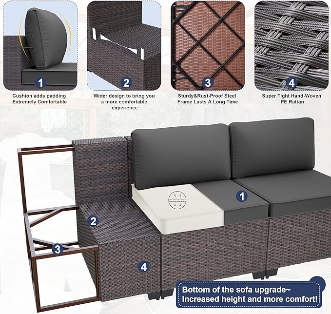 Patio Furniture Sectional Sofa Set 10-Pieces PE Rattan Patio Conversation Set w/43in Gas Fire Pit Table, Outdoor Furniture with 55000 BTU Propane Fire Pit, Grey