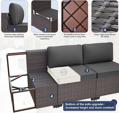 Patio Furniture Set 14-Pieces Outdoor Furniture for Backyard Wicker Sectional Sofa Set, Rattan Patio Conversation Set with Thickened Cushions and Glass Coffee Table, Grey