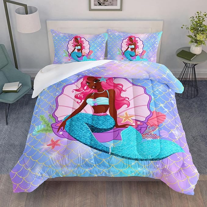 Datura home Bedding Comforter Set Black Girl Magic Mermaid Printed Pattern Quilt with 1 and 2 Pillowcases for Girls Bedroom All Season(Black Blue Queen) Queen 90x90inches
