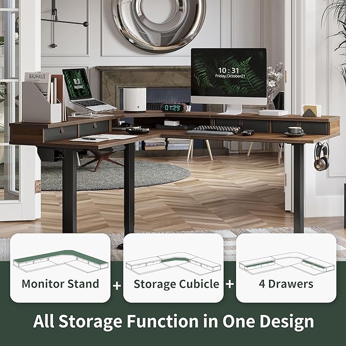 FEZIBO 63" L Shaped Standing Desk with 4 Drawers, Electric Standing Gaming Desk Adjustable Height, Corner Stand up Desk with Splice Board, Black Frame/Black Walnut Top