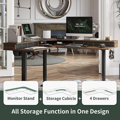 FEZIBO 63" L Shaped Standing Desk with 4 Drawers, Electric Standing Gaming Desk Adjustable Height, Corner Stand up Desk with Splice Board, Black Frame/Black Walnut Top