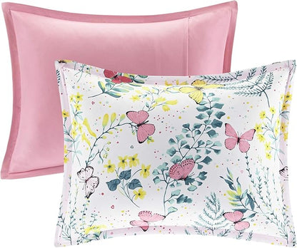 Mi Zone Kids Cynthia Comforter for Girls Microfiber Animal Butterfly Print, Modern All Season Down Alternative Kids Bed Set, Matching Sham, Decorative Pillow, Full/Queen, Pink 4 Piece