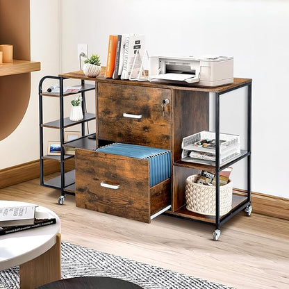 Lateral File Cabinet, 2 Drawer Mobile Filing Cabinet with Outlet, Open Storage Side Shelves, Locking Drawer Fits A4/Letter/Legal Size File Cabinets for Home Office, Brown