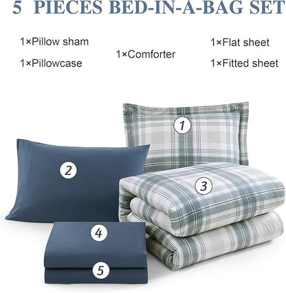 Blue Twin XL Comforter Set, Plaid Twin Comforter Set for Boys & Girls,Classic Homestead-style Twin Bed Set with Sheets and Comforter Set