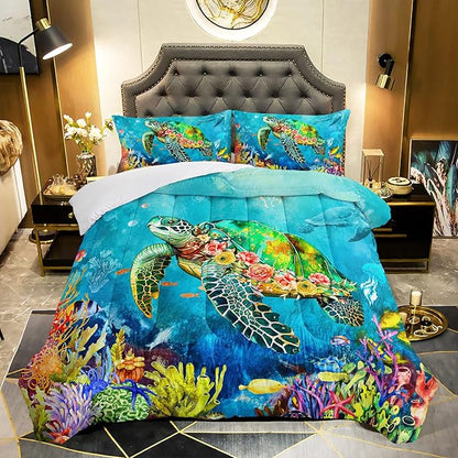 Kids Turtle Rose Comforter Set Twin Beach Theme Jellyfish Starfish Bedding Set Sea Animal Reptile Bed Set with 2 Pillowcases for Boys Girls Room Decor