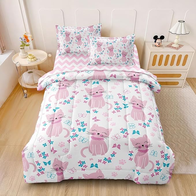 Kids Cat Bedding Twin Size Bed in a Bag, Cute Pink Animal Comforter Set for Teen Girls Bedroom Decor, Kawaii Floral Butterfly Bedding Sets & Collections