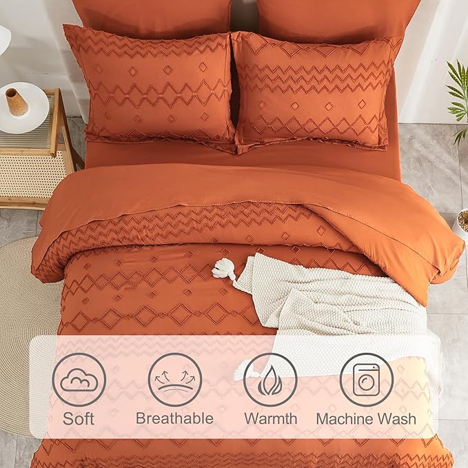 EMME Twin Comforter Set - 5 Pcs Pumpkin Boho Bedding Sets, Tufted Comforter with Sheets, Shabby Chic Embroidery Twin Size Bed Set Fluffy Bed Bag for All Season(68"X90")