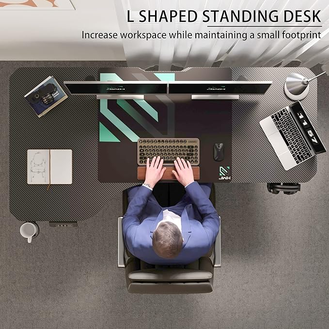 L Shaped Electric Standing Desk, 63 Inches Stand Up Corner Desk, Home Office Sit Stand Desk with Carbon Firben Top, Black Frame & Caster Wheels Set…