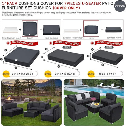 ClawsCover 14Pack Outdoor Patio Seat and Back Cushions Replacement Covers Fit for 7Pieces 6-Seater Wicker Rattan Sectional Couch Chair Furniture Set,Dark Grey-Include Cover Only (Small)