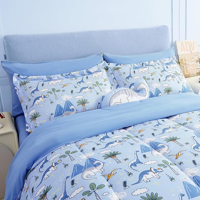 Mooreeke Kids Comforter Bed Set Twin Size for Boys, 6 Pieces Bed in a Bag with Shams, Sheet Set and 1 Decorative Toy Throw Pillow, Dinosaur Blue Super Twin Soft Microfiber Kids Comforter Bedding Set