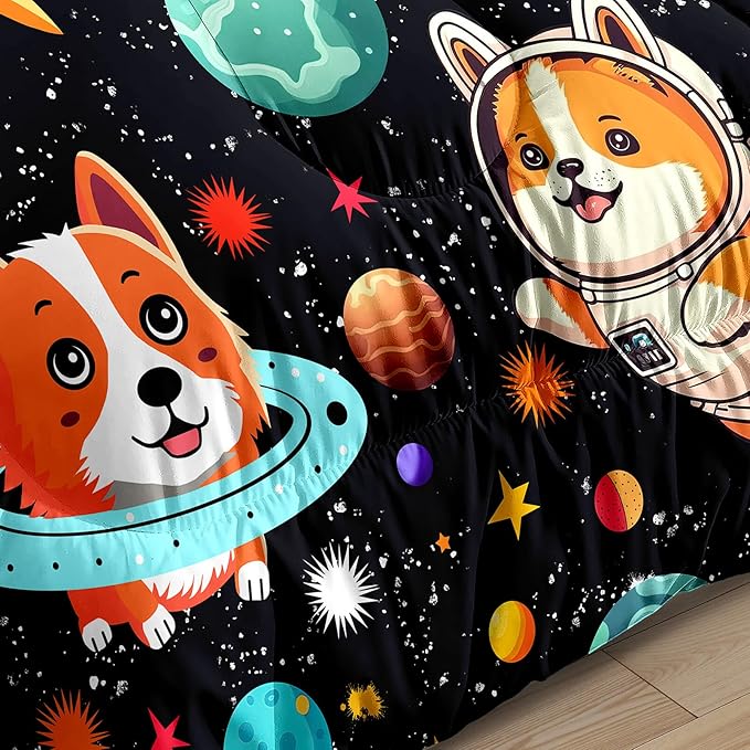 Outer Space Dog Comforter Sets Queen Size Cute Dog Bedding Set Cartoon Dog Astronaut Comforter Sets for Kids Girls Boys Colorful Space Dog Soft Microfiber Queen Bedding Set with 2 Pillowcases