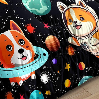 Outer Space Dog Comforter Sets Queen Size Cute Dog Bedding Set Cartoon Dog Astronaut Comforter Sets for Kids Girls Boys Colorful Space Dog Soft Microfiber Queen Bedding Set with 2 Pillowcases