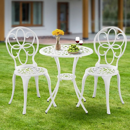 3 Piece Cast Aluminum White Bistro Set Outdoor Bistro Table and Chairs Set of 2,Metal Bistro Patio Table Set with Umbrella Hole,Patio furniture Set for Garden,Front Porch.