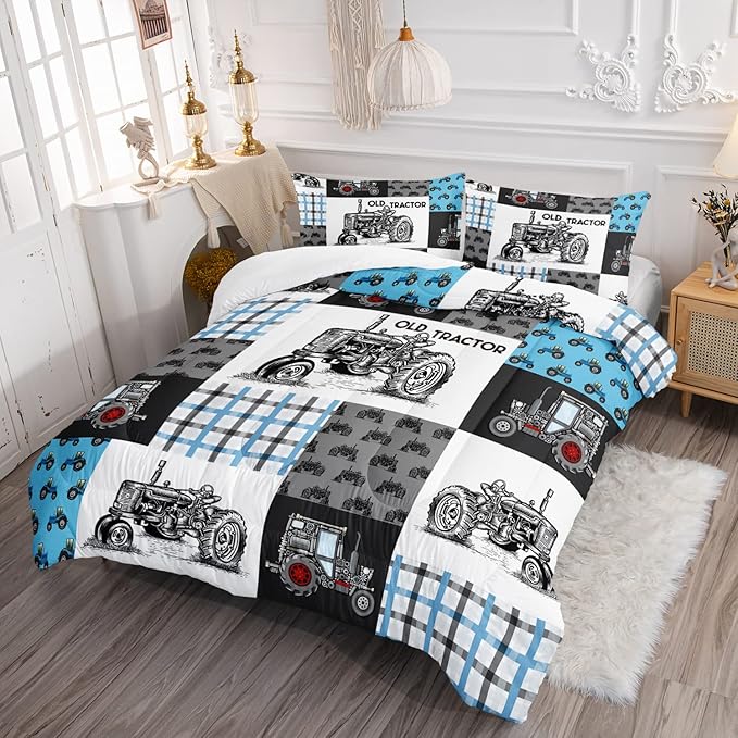 Axolotl Tractor Comforter Set Twin Size,Cartoon Truck Car Comforter Set for Boys,Farm Excavator Bedding Set with Old Tractor for Kids Boys Teens Adult All Season,1 Quilt 2 Pillowcases