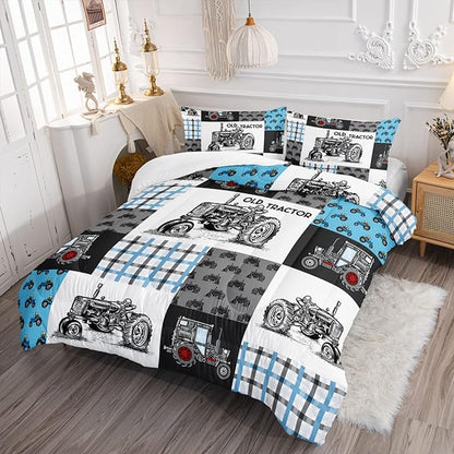 Axolotl Tractor Comforter Set Full Size,Cartoon Truck Car Comforter Set for Boys,Farm Excavator Bedding Set with Old Tractor for Kids Boys Teens Adult All Season,1 Quilt 2 Pillowcases