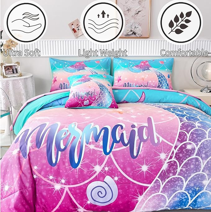 RYNGHIPY Kids Girls Comforter Set 6Pcs, Mermaid Bed in a Bag Twin Size, Fish Tail Print Teens Girls Bedding Set, Rainbow Bedding Collections
