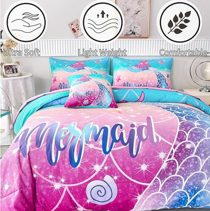 RYNGHIPY Kids Girls Comforter Set 6Pcs, Mermaid Bed in a Bag Twin Size, Fish Tail Print Teens Girls Bedding Set, Rainbow Bedding Collections