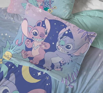 Disney Lilo and Stitch Full Size Comforter Set - 7 Piece Floral Bedding includes Sheet Set & Pillow Covers Features Angel - Super Soft Purple & Teal Stars Kids Bedding