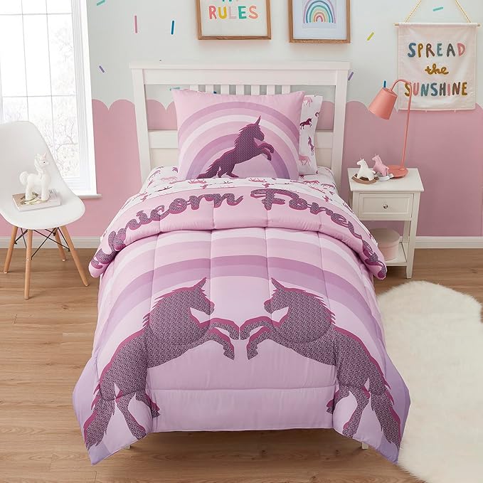 Kids Bedding Set Bed in a Bag for Boys and Girls Toddlers Printed Sheet Set and Comforter, Twin, Unicorn Forever