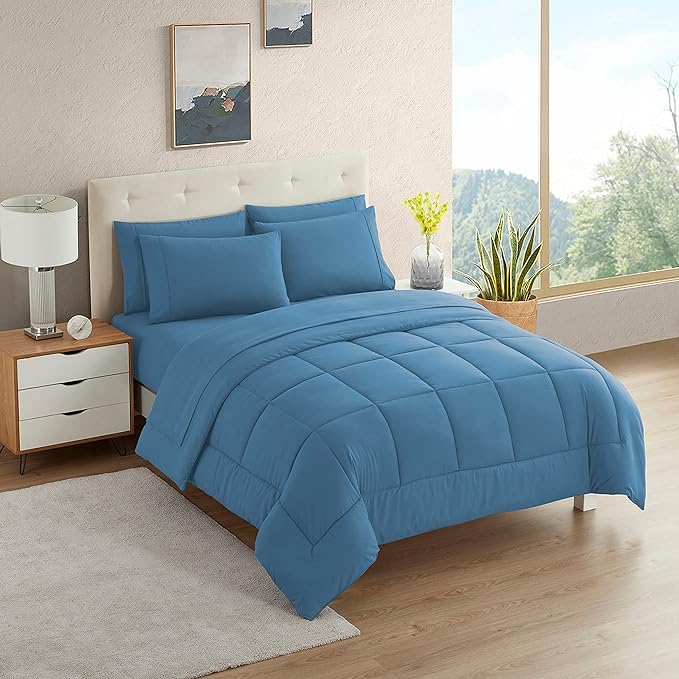 Dorm Room Essentials College Bedding Comforter Set 5 Piece Twin XL Size Bed in a Bag for College Students Boys and Girls, Twin XL, Denim Blue