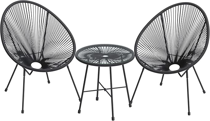 SONGMICS 3-Piece Outdoor Seating Acapulco Chair, Modern Patio Furniture Set, Glass Top Table and 2 Chairs, Indoor and Outdoor Conversation Bistro Set, Ink Black UGGF011B01