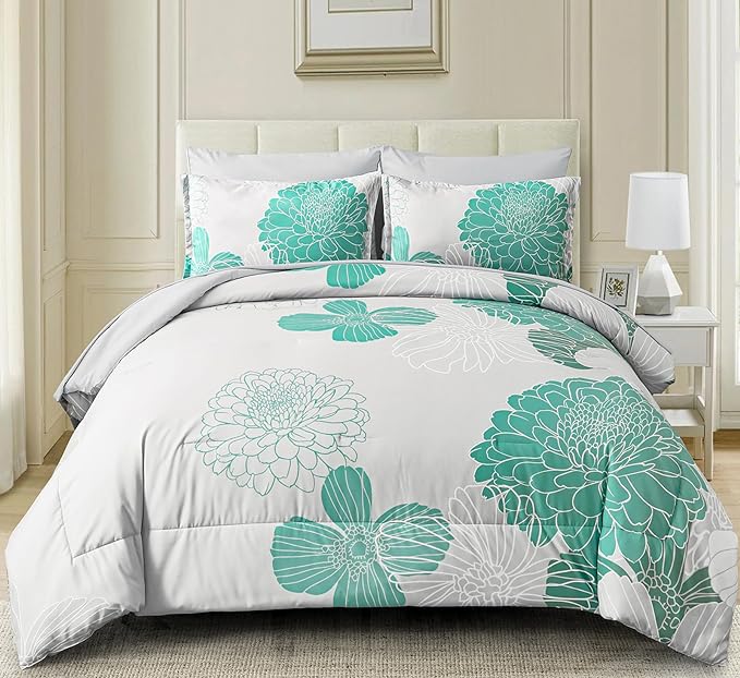 Yiran Grey Aqua Floral King Comforter Set Bed in a Bag Soft Microfiber Comforter Bedding Set 103"×90",7 Pieces (1 Comforter,2 Pillowcases,2 Pillow Shams,1 Flat Sheet,1 Fitted Sheet)