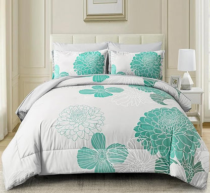 Yiran Grey Aqua Floral Queen Comforter Set Bed in a Bag Soft Microfiber Comforter Bedding Set 90"×90",7 Pieces (1 Comforter,2 Pillowcases,2 Pillow Shams,1 Flat Sheet,1 Fitted Sheet)