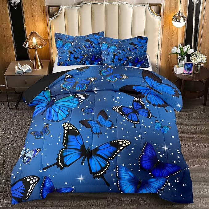 Blue Butterfly Comforter, Butterfly Bedding Set for Girls, Blue Butterflies with Sparkle Stars Prints Comforter Set for Women Girls Butterfly Bedding Full Size Quilt Set, 1 Comforter + 2 Pillowcases