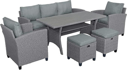 6 7 Pieces Patio Furniture Outdoor Sectional Sofa Conversation Set All Weather Wicker Rattan Couch Dining Table & Chair with Ottoman, Cc-Grey