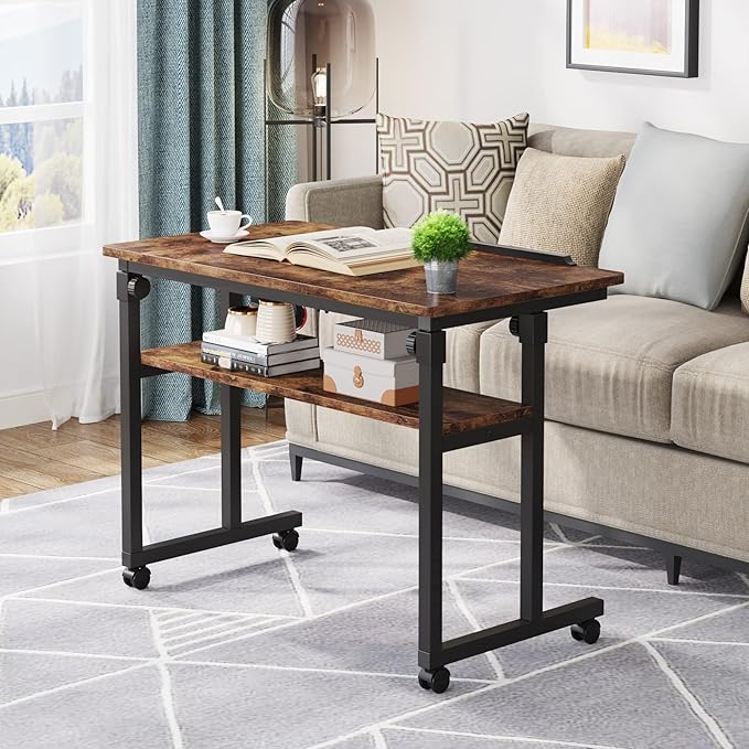 Small Portable Rolling Computer Desk Height Adjustable Standing Table, Brown