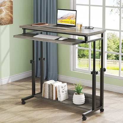 Tribesigns Portable Desk for Sofa and Bed, Height Adjustable Mobile Laptop Table Small Standing Desk Rolling Computer Cart with Keyboard Tray on Wheels for Home Office (Grey)