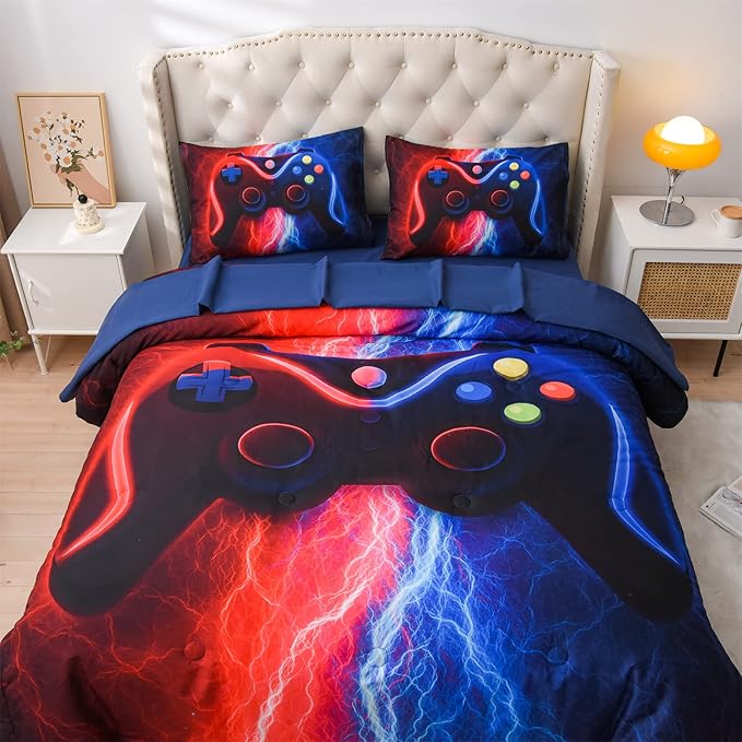Meeting Story Gamer Gaming Bedding Sets Red Blue Lightnings Gamepad Comforter Set for Boys Games Console Action Buttons Novelty Colorful Modern Room Decor Home Quilt Set (Red-Blue, Full 5Pcs)