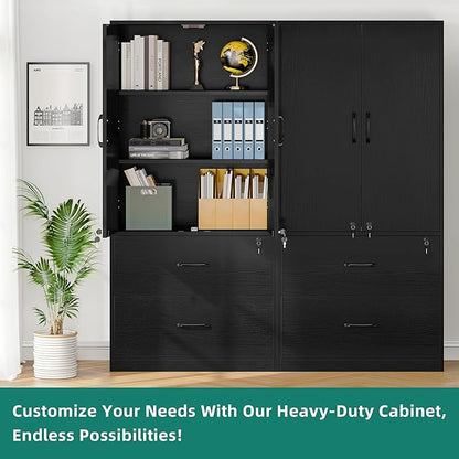 YITAHOME Wood File Cabinets, Heavy Duty Garage Tool Cabinets with Doors & Adjustable Shelves, Big Storage Filing Lockers for Home Office, Living Room, Pantry, Gym, Basement, Warehouse, Black
