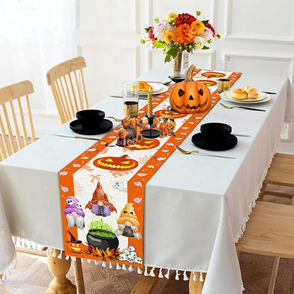 Halloween Table Runner, Halloween Table Runner 108 Inches Long, Halloween Gnomes Pumpkins Runners for Table, Black Cat Trick or Treat Decor Extra Long Burlap Runner Rug for Decorations Dining Room