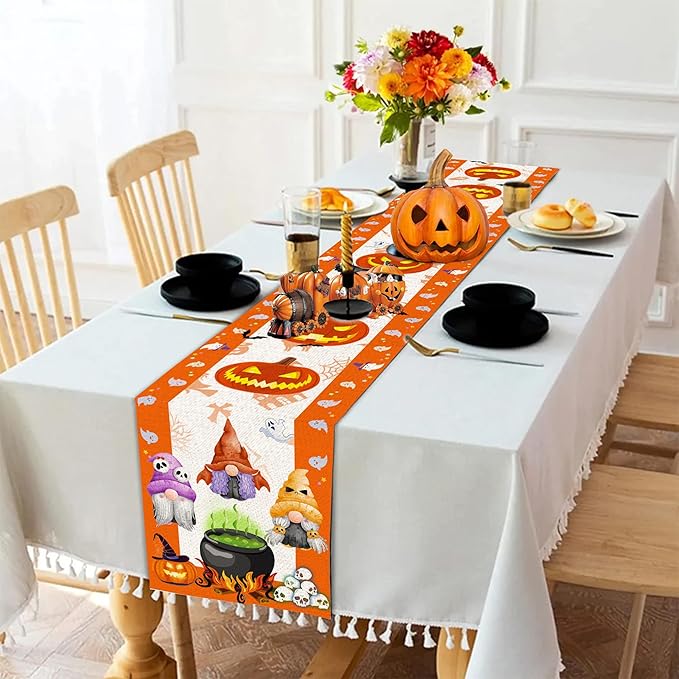 Halloween Table Runner, Halloween Table Runner 90 Inches Long, Halloween Pumpkins Gnomes Runners for Table, Black Cat Spider Web Holiday Decor Burlap Runner Rug for Home Decorations Dining Room