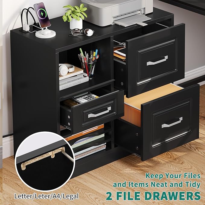 YITAHOME 3 Drawer File Cabinet, Filing Cabinet with Charging Station, Printer Stand with Open Storage Shelves, Fits for A4, Letter, Legal Size Files, Black