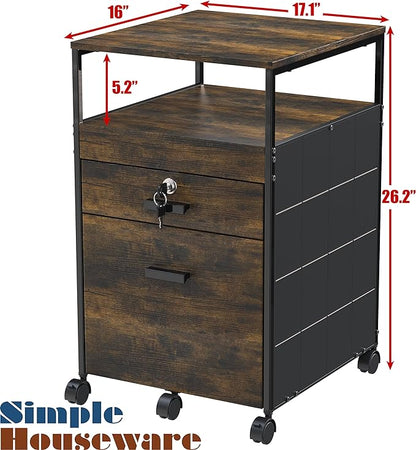 SHW Rolling File Cabinet w/ 2 Drawers & Open Shelf, Rustic Brown