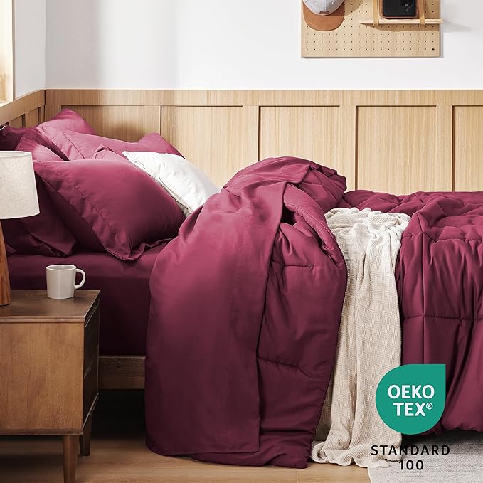 Bedsure Burgundy Queen Comforter Set - 7 Pieces Solid Queen Bed in a Bag, Queen Bed Set Burgundy with Comforters, Sheets, Pillowcases & Shams