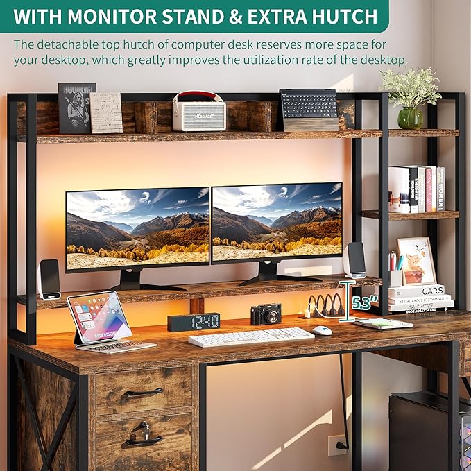 YITAHOME Computer Desk with Drawers & Hutch, 59.1" Office Desk with LED Lights & Power Outlets, Gaming Desk with Monitor Stand & Storage Shelves, Rustic Brown